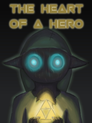 cover for HoaH. A bust shot of skull kid Link enveloped in shadows, lit only by the light of his eyes and the triforce in his hands..