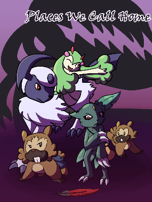 cover for PWCH. A sneasel and a bidoof stand at the front, a yveltal feather at their feet. A running absol with a kirlia on her back and a running bidoof are behind them. The silloette of a mawile looms over them all.